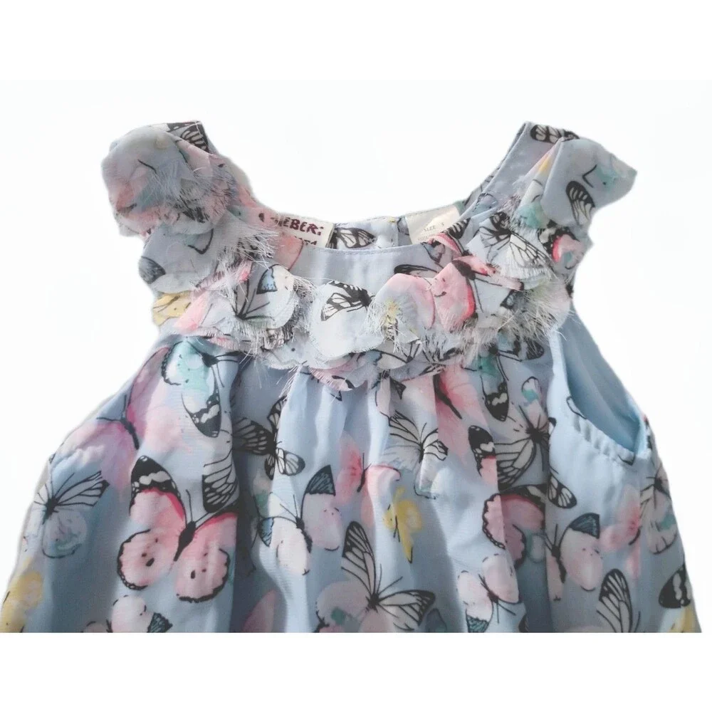 Blueberi Boulevard Blue Butterfly Dress sz 5 Girls Sheer Layered Sleeveless